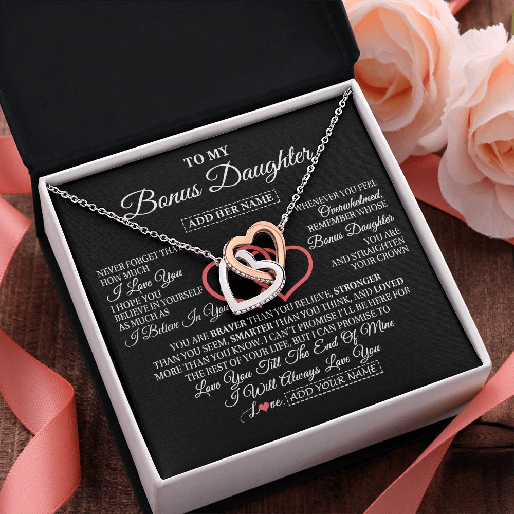 Interlocking Hearts Necklace Stainless Steel & Rose Gold Finish | 2 | Personalized To My Bonus Daughter Birthday Gifts From Stepmother Stepdad Always Love You Stepdaughter Gifts Necklace Christmas Custom Gift Box Message Card | teecentury.myshopify