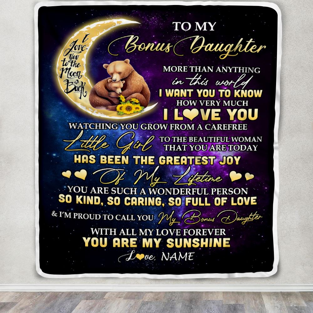 Personalized To My Bonus Daughter Blanket From Aunt Positive Energy Encourage Brave Little Bear Stepdaughter Birthday Gifts Christmas Customized Fleece Blanket | teecentury