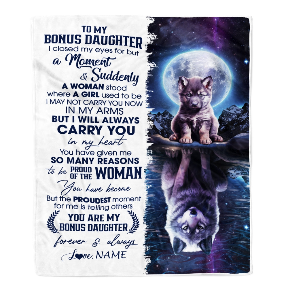 Personalized To My Bonus Daughter Blanket From Bonus Dad Mother I Close My Eyes Wolf Stepdaughter Birthday Graduation Christmas Customized Gift Fleece Blanket | teecentury