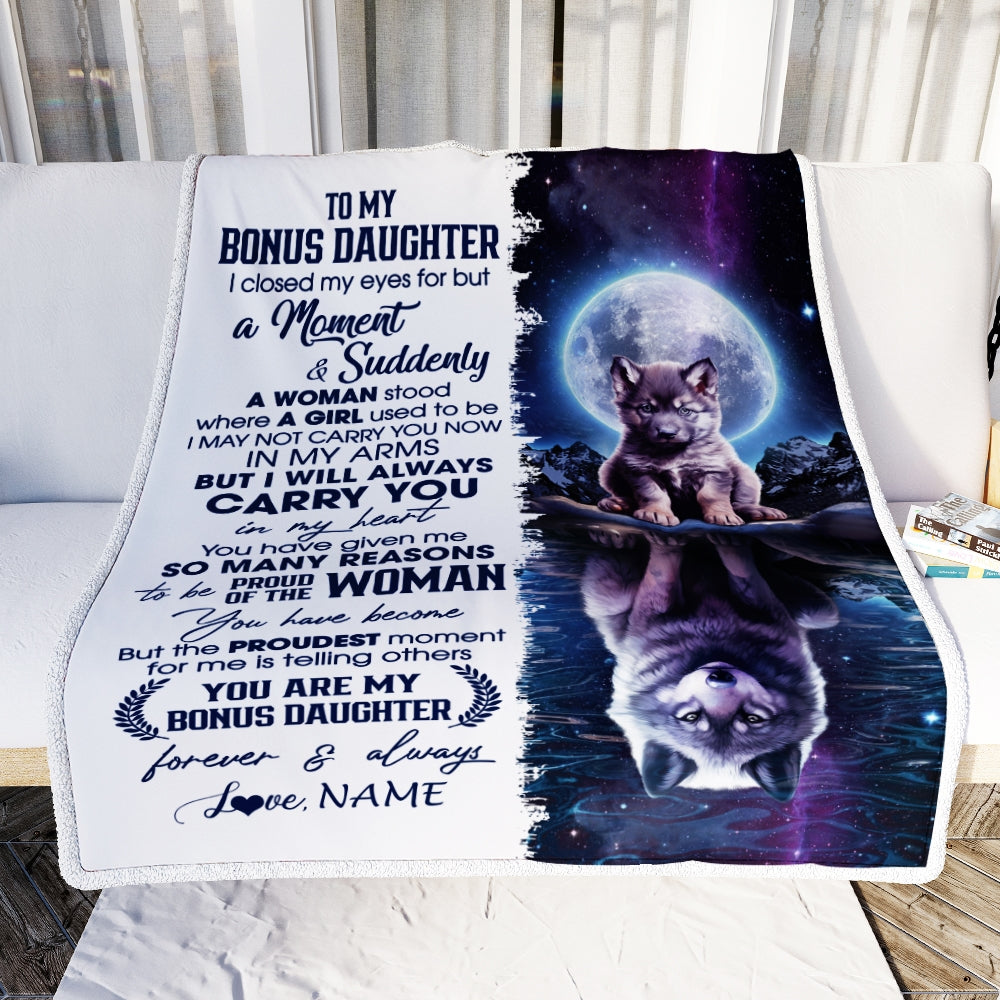 Personalized To My Bonus Daughter Blanket From Bonus Dad Mother I Close My Eyes Wolf Stepdaughter Birthday Graduation Christmas Customized Gift Fleece Blanket | teecentury
