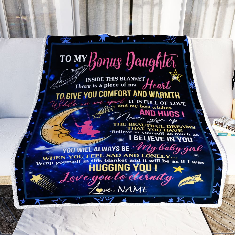 Personalized To My Bonus Daughter Blanket From Bonus Mom Inside This Blanket Sleeping Moon Stepdaughter Birthday Christmas Customized Bed Fleece Throw Blanket | teecentury