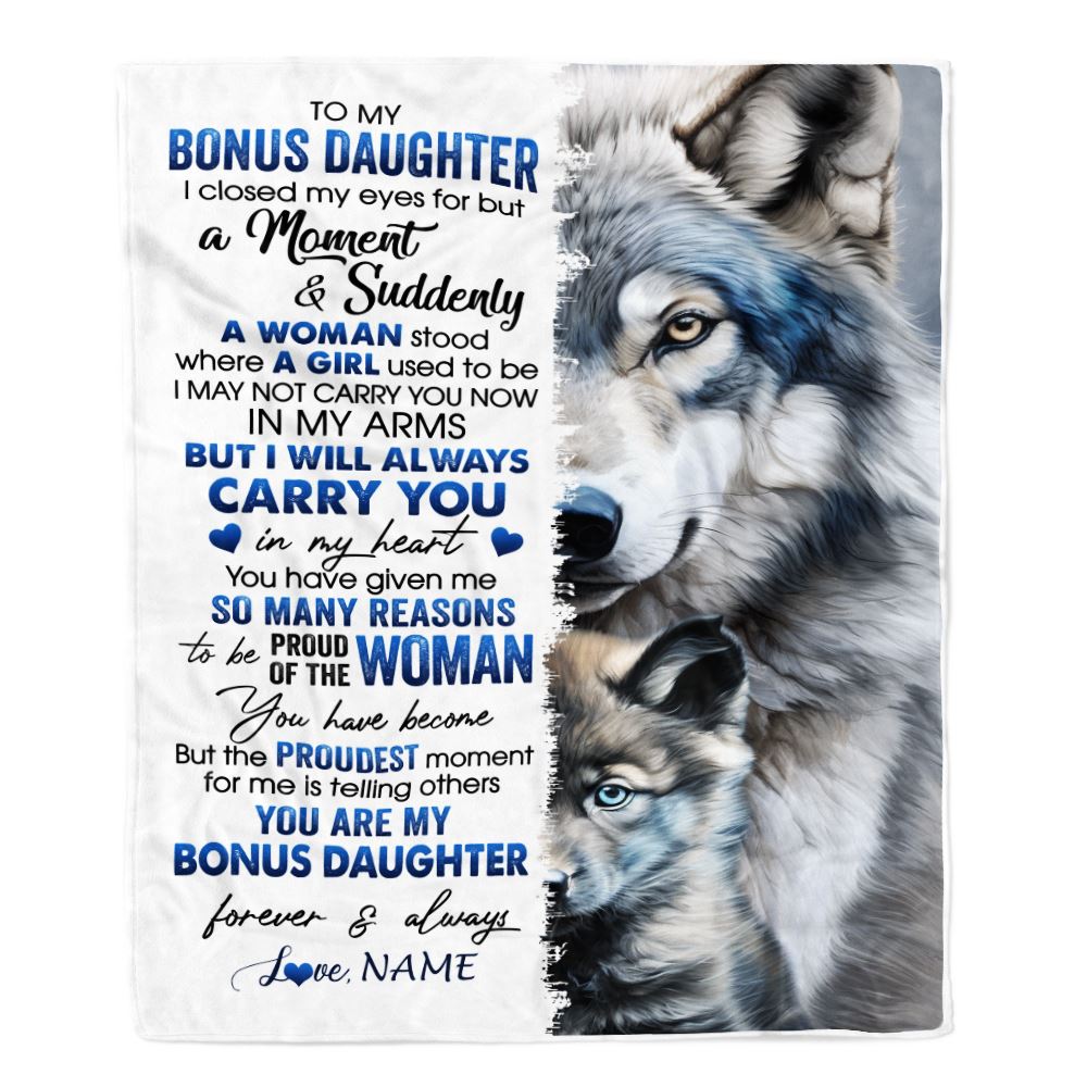 Personalized To My Bonus Daughter Blanket From Dad Mother I Close My Eyes For But A Moment Wolf Birthday Graduation Christmas Customized Gift Fleece Blanket | teecentury