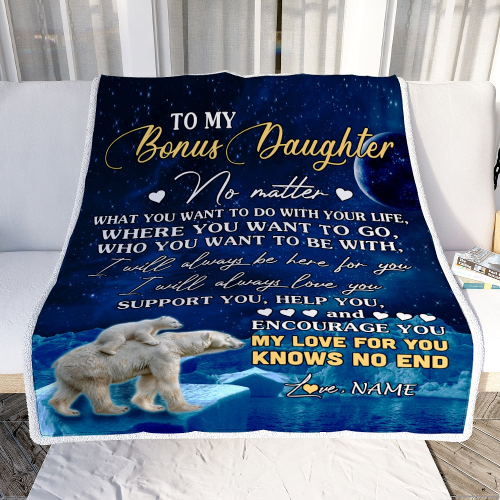 Personalized To My Bonus Daughter Blanket From Mom Polar Bear I Will Always Love You Stepdaughter Birthday Graduation Christmas Customized Bed Fleece Blanket | teecentury