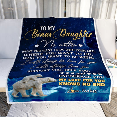 Personalized To My Bonus Daughter Blanket From Mom Polar Bear I Will Always Love You Stepdaughter Birthday Graduation Christmas Customized Bed Fleece Blanket | teecentury