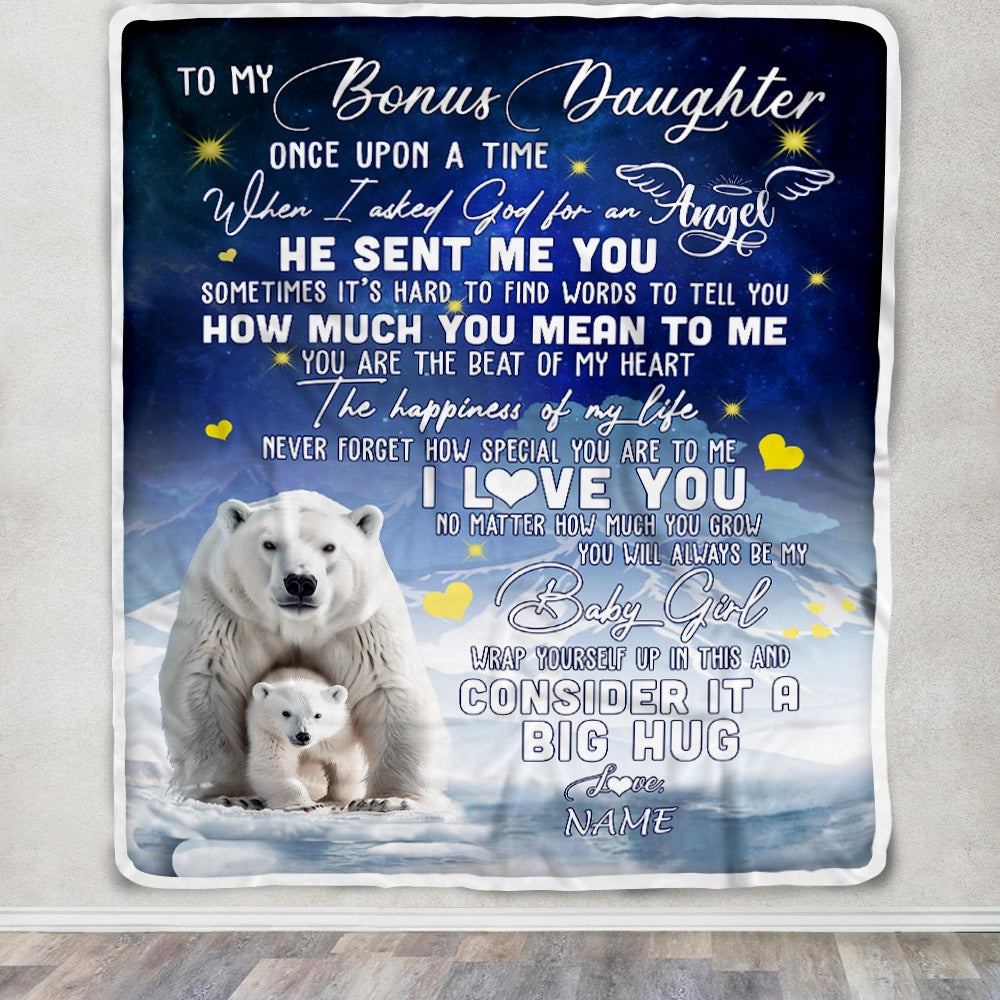 Personalized To My Bonus Daughter Blanket From Mom Polar Bear Never Forget I Love You Stepdaughter Birthday Christmas Customized Bed Fleece Blanket | teecentury