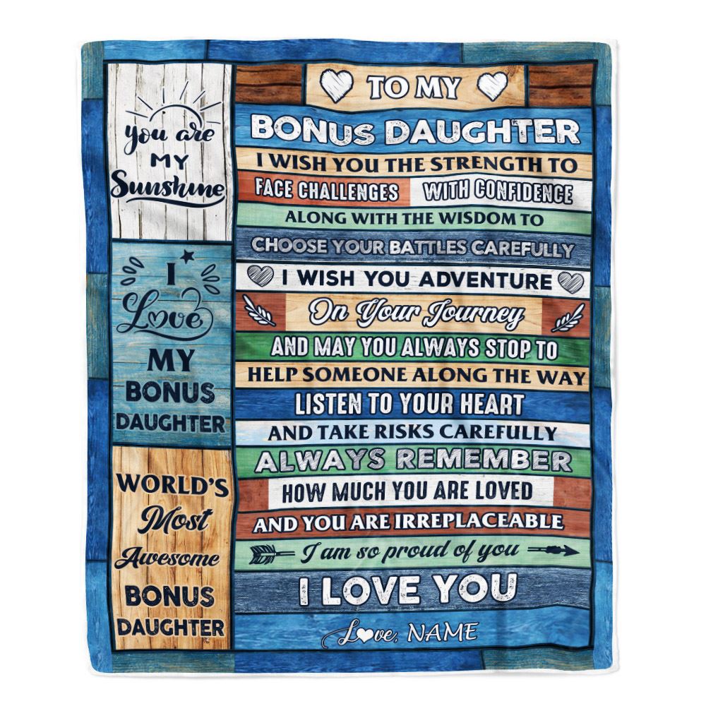 Personalized To My Bonus Daughter Blanket From Mom Wood I Am So Proud Of You I Love You Stepdaughter Birthday Graduation Christmas Customized Fleece Blanket | teecentury