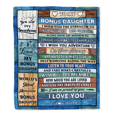 Personalized To My Bonus Daughter Blanket From Mom Wood I Am So Proud Of You I Love You Stepdaughter Birthday Graduation Christmas Customized Fleece Blanket | teecentury