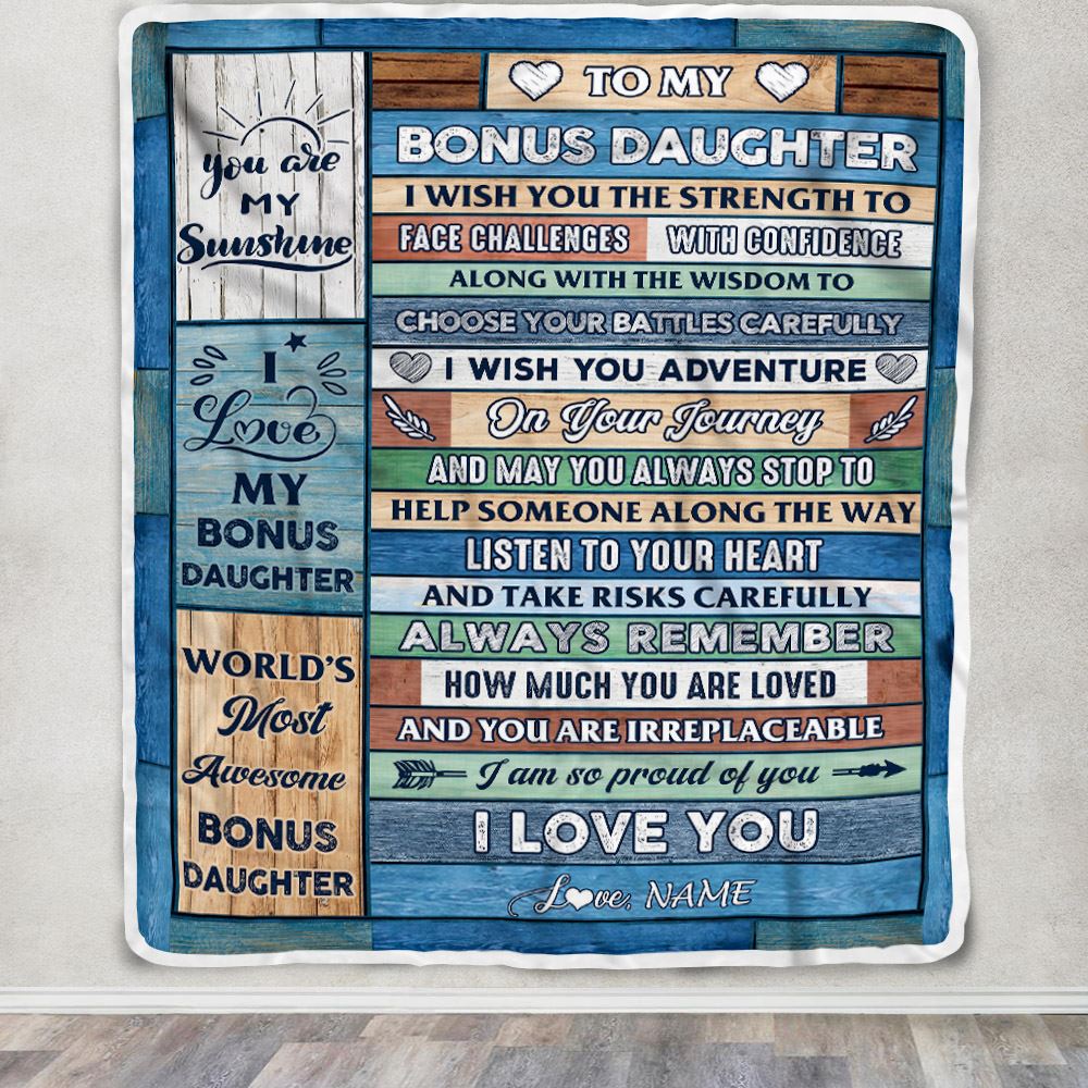 Personalized To My Bonus Daughter Blanket From Mom Wood I Am So Proud Of You I Love You Stepdaughter Birthday Graduation Christmas Customized Fleece Blanket | teecentury