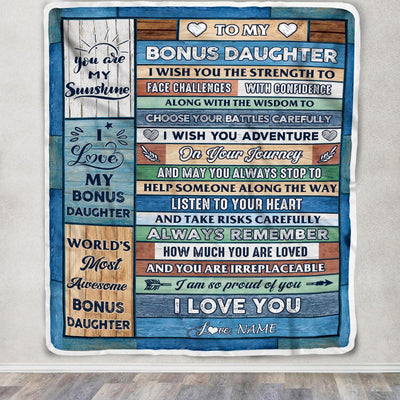 Personalized To My Bonus Daughter Blanket From Mom Wood I Am So Proud Of You I Love You Stepdaughter Birthday Graduation Christmas Customized Fleece Blanket | teecentury