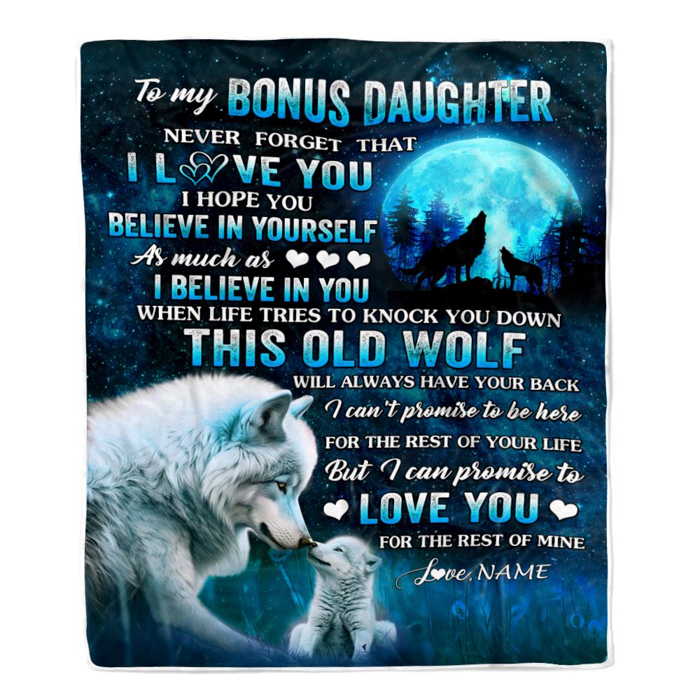 Personalized To My Bonus Daughter Blanket From Step Mom Dad This Old Wolf Love Stepdaughter Birthday Gifts Graduation Customized Christmas Bed Fleece Blanket | teecentury