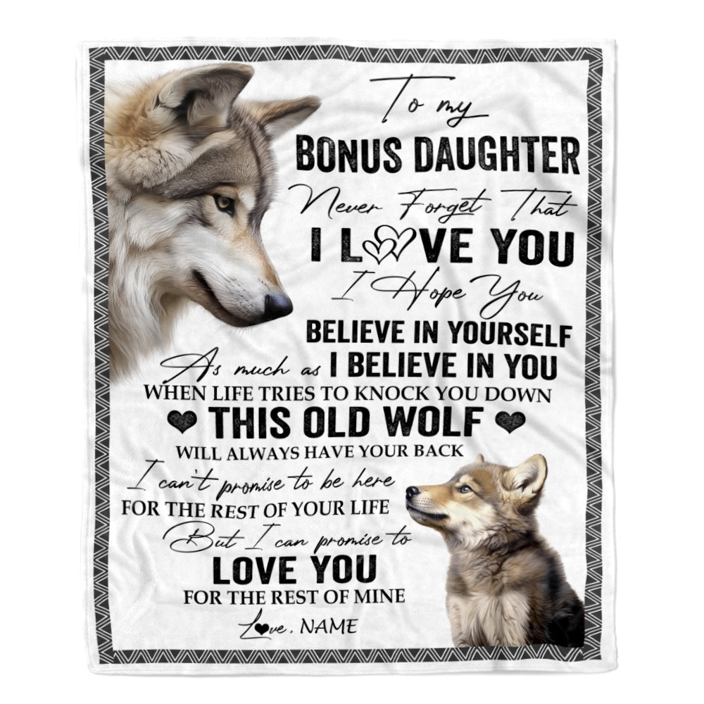 Personalized To My Bonus Daughter Blanket From Step Mom Dad This Old Wolf Love You Stepdaughter Birthday Gifts Graduation Christmas Customized Fleece Blanket | teecentury