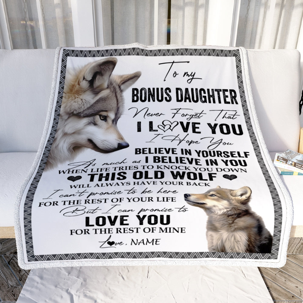 Personalized To My Bonus Daughter Blanket From Step Mom Dad This Old Wolf Love You Stepdaughter Birthday Gifts Graduation Christmas Customized Fleece Blanket | teecentury