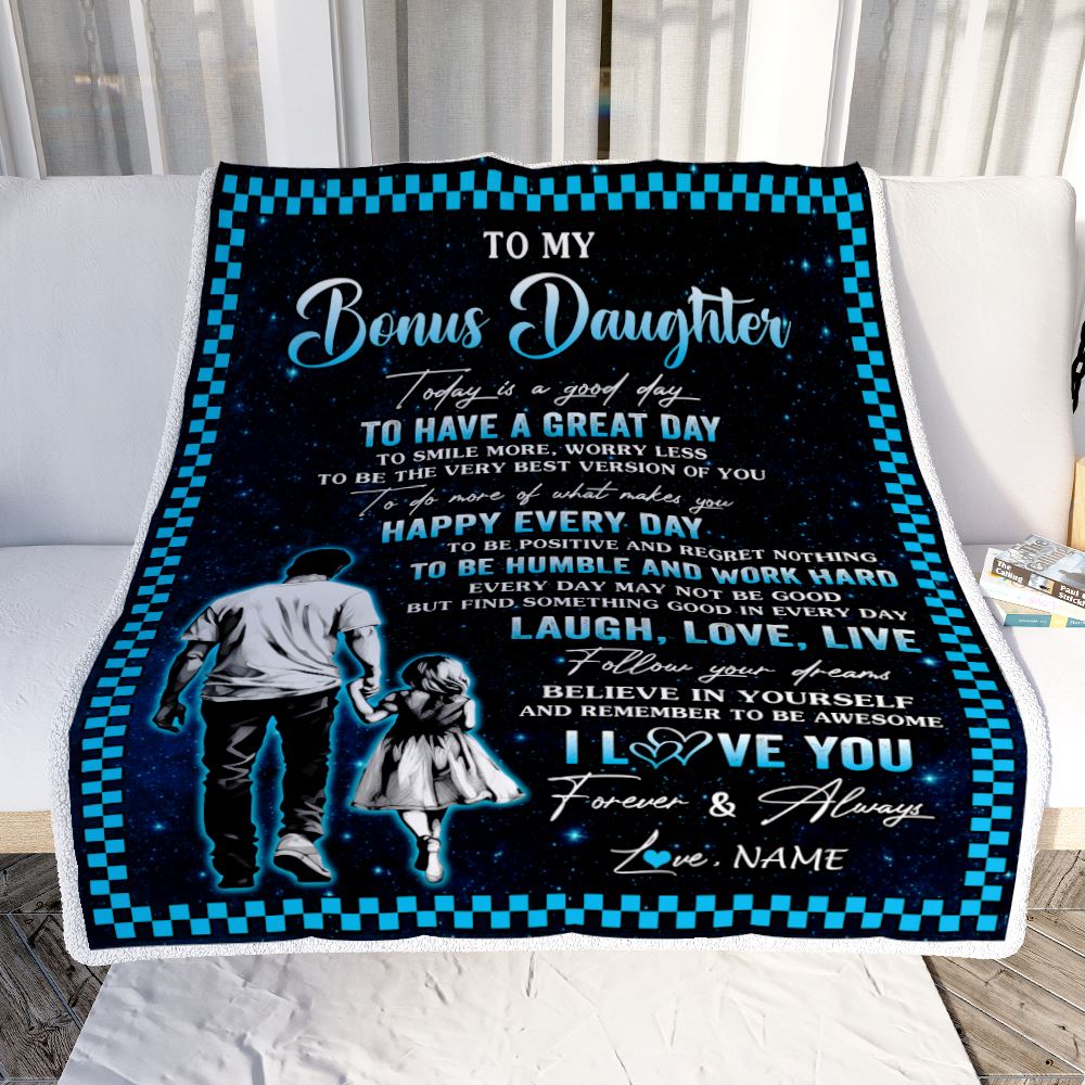 Personalized To My Bonus Daughter Blanket From Stepdad Every Day Laugh Love Live Stepdad Stepdaughter Birthday Gifts Christmas Customized Fleece Throw Blanket | teecentury