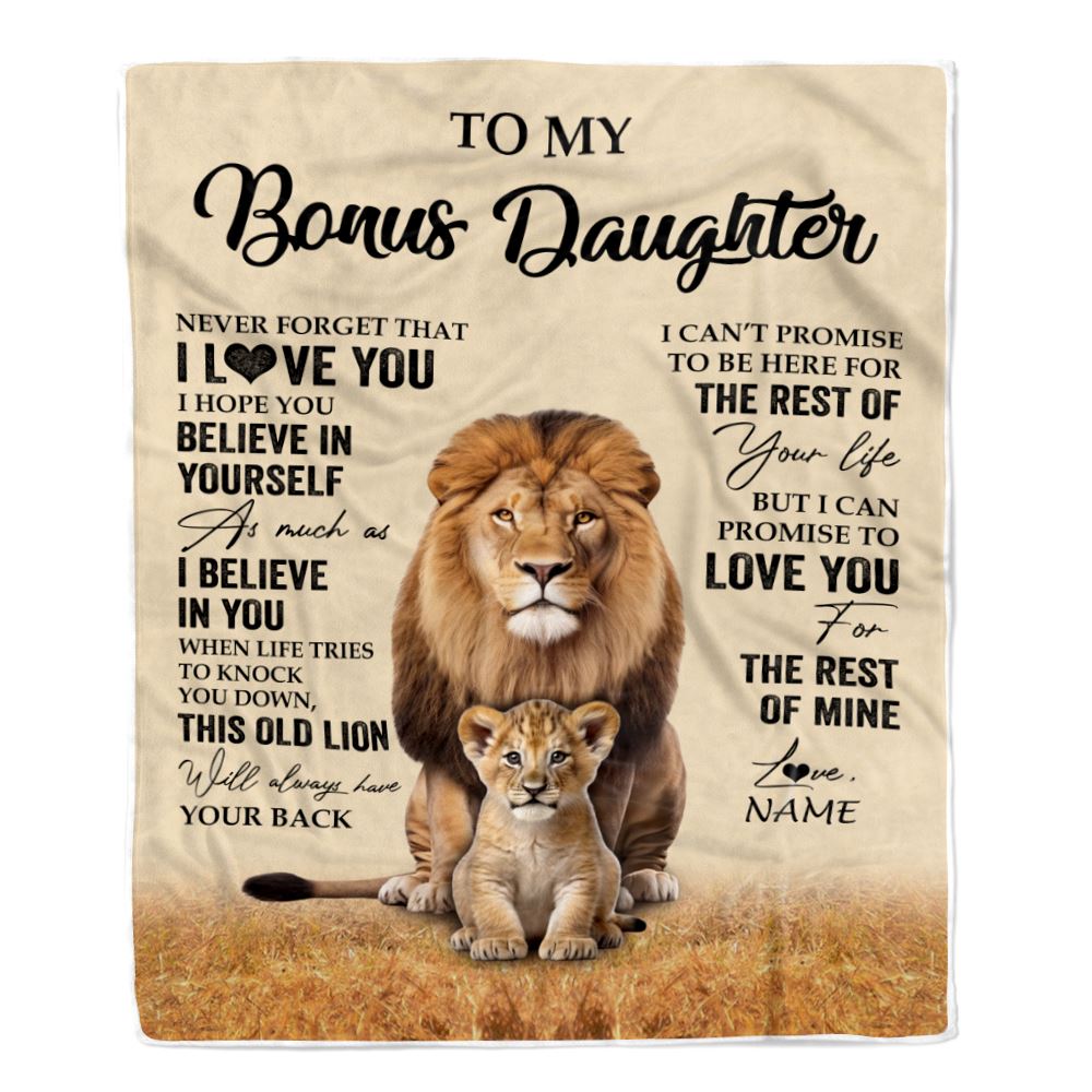 Personalized To My Bonus Daughter Blanket From Stepdad Lion Never Forget That I Love You Stepdaughter Birthday Gifts Christmas Customized Fleece Throw Blanket | teecentury