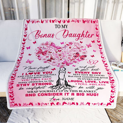 Personalized To My Bonus Daughter Blanket From Stepmom Butterfly Laugh Love Live Stepdaughter Birthday Christmas Customized Fleece Blanket | teecentury