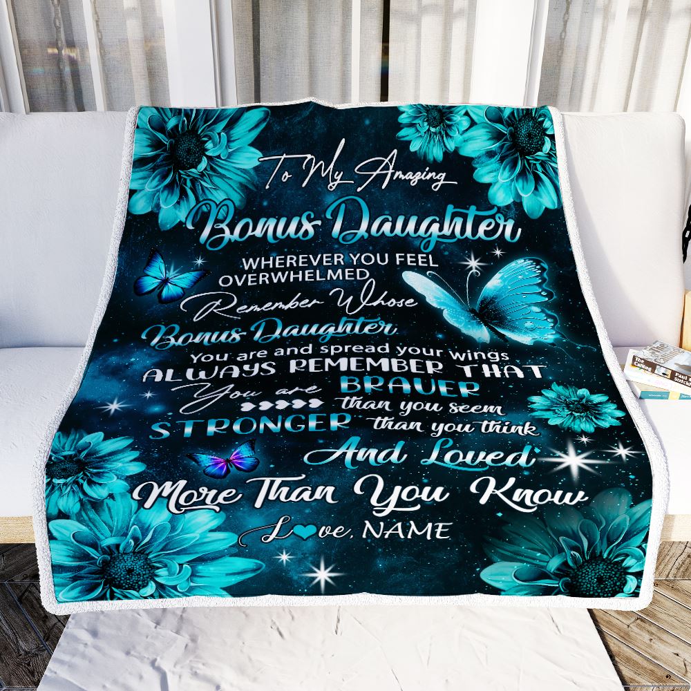 Personalized To My Bonus Daughter Blanket From Stepmom Butterfly You Are Braver Than You Seem Stepdaughter Birthday Christmas Customized Fleece Throw Blanket | teecentury