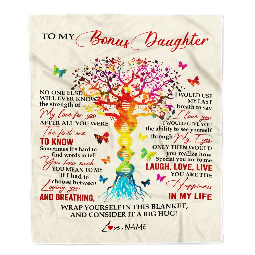 Personalized To My Bonus Daughter Blanket From Stepmom DNA Colorful Tree Stepdaughter Birthday Celebrating Graduation Christmas Customized Gift Fleece Blanket | teecentury