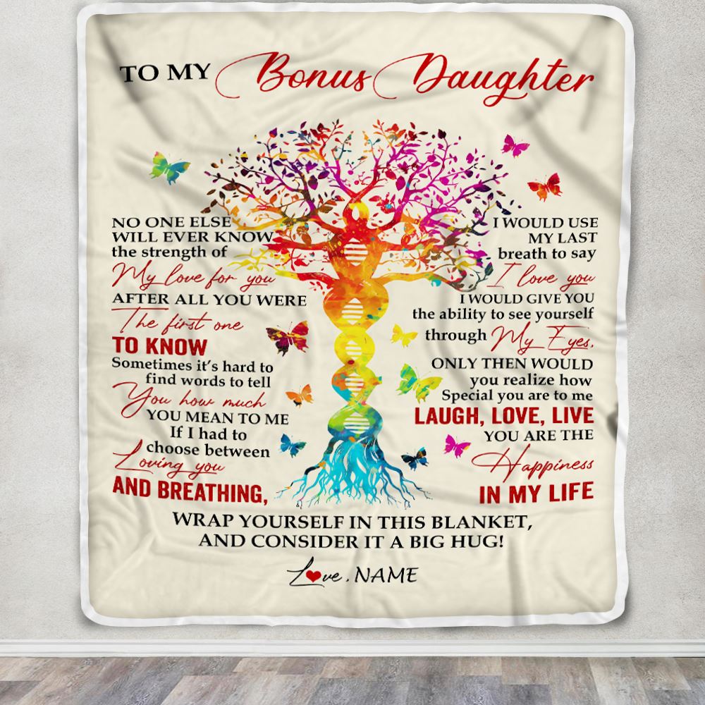 Personalized To My Bonus Daughter Blanket From Stepmom DNA Colorful Tree Stepdaughter Birthday Celebrating Graduation Christmas Customized Gift Fleece Blanket | teecentury
