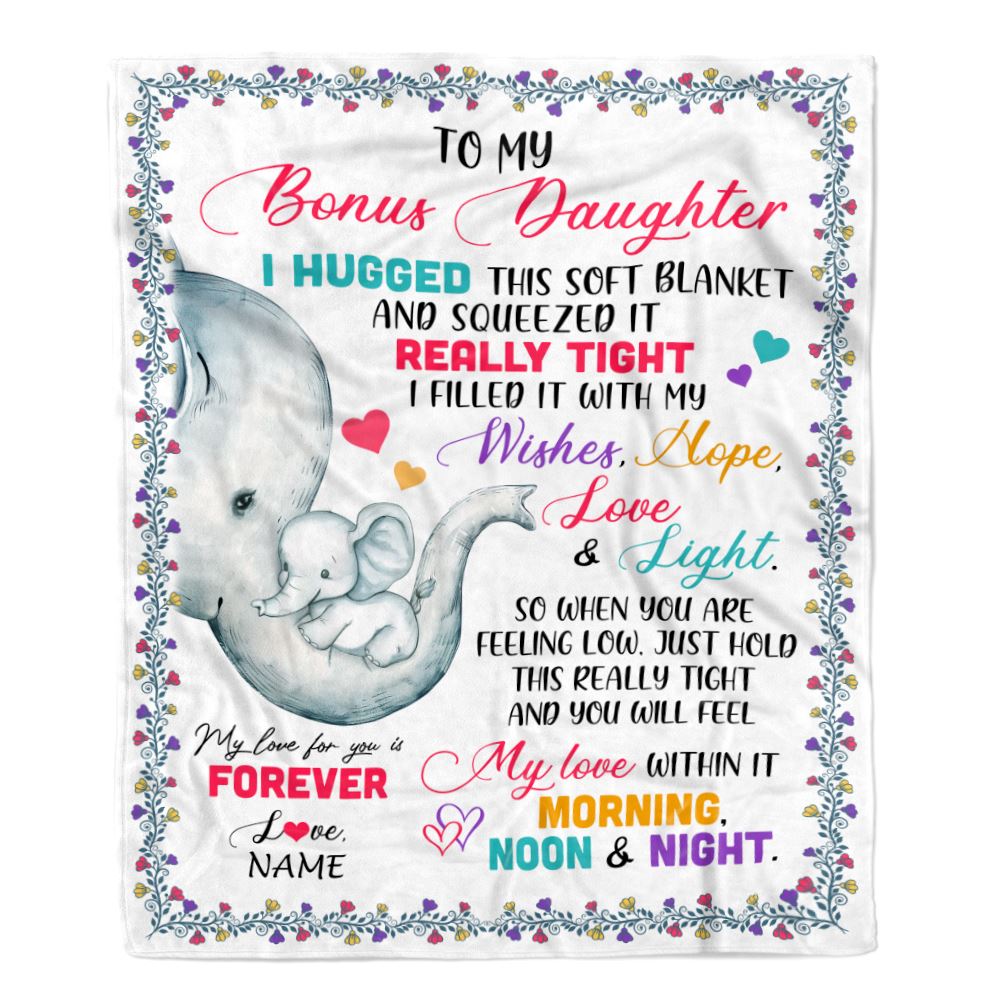 Personalized To My Bonus Daughter Blanket From Stepmom Elephant I Huggest This Soft Blanket Stepdaughter Birthday Christmas Customized Fleece Blanket | teecentury