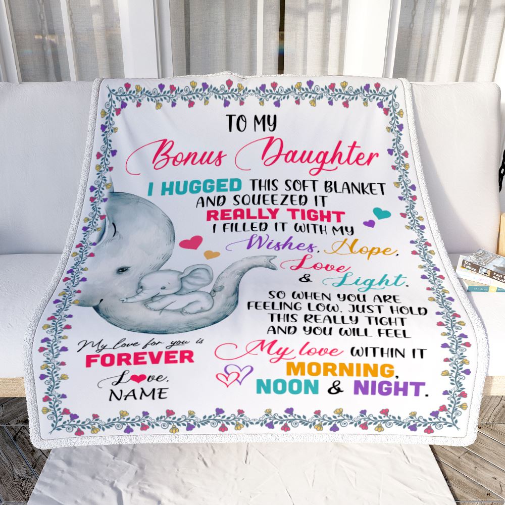 Personalized To My Bonus Daughter Blanket From Stepmom Elephant I Huggest This Soft Blanket Stepdaughter Birthday Christmas Customized Fleece Blanket | teecentury