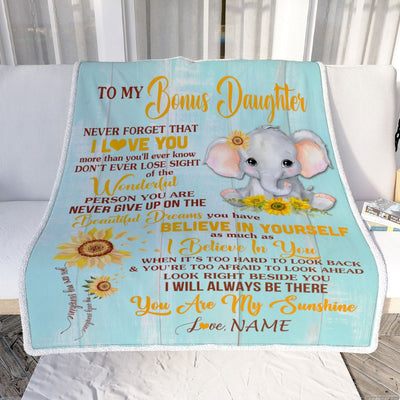 Personalized To My Bonus Daughter Blanket From Stepmom Elephant Sunflower Never Forget I Love You Stepdaughter Birthday Christmas Customized Fleece Blanket | teecentury