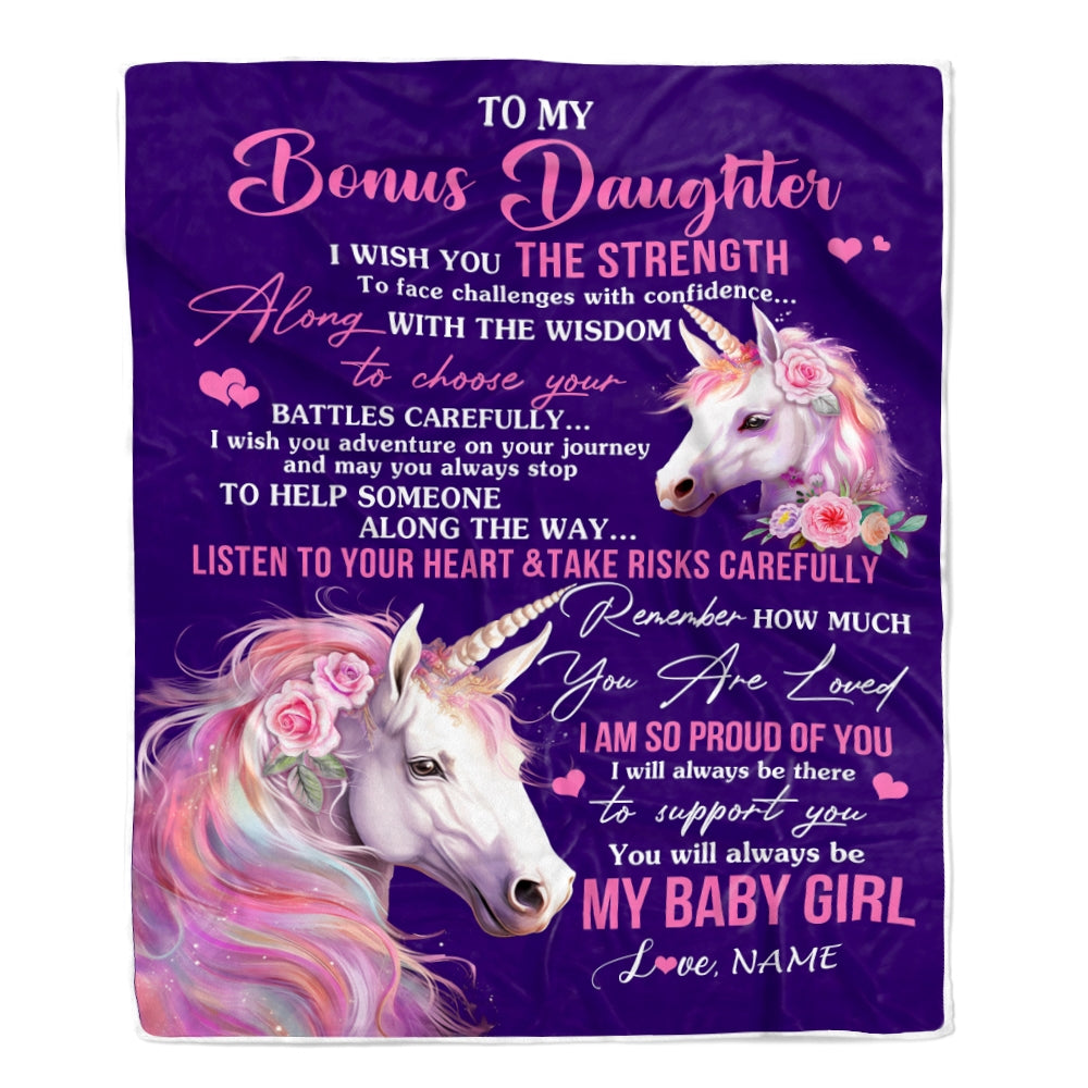Personalized To My Bonus Daughter Blanket From Stepmom I Wish You The Strength Unicorn Stepdaughter Birthday Graduation Christmas Customized Fleece Blanket | teecentury