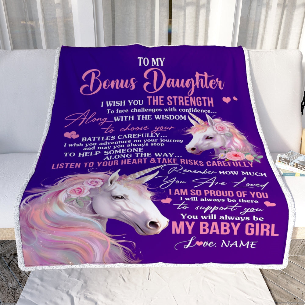 Personalized To My Bonus Daughter Blanket From Stepmom I Wish You The Strength Unicorn Stepdaughter Birthday Graduation Christmas Customized Fleece Blanket | teecentury