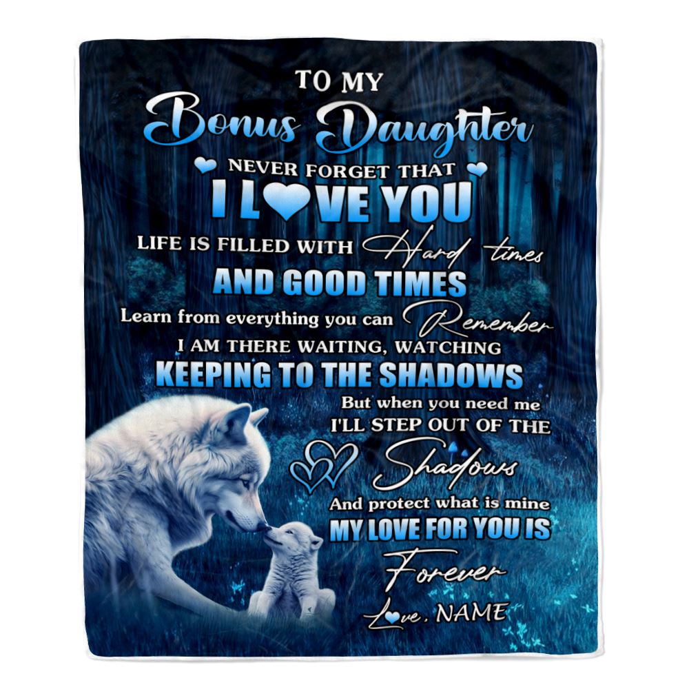 Personalized To My Bonus Daughter Blanket From Stepmom Wolf Never Forget That I Love You Moon Dark Forest Stepdaughter Birthday Gifts Christmas Fleece Blanket | teecentury