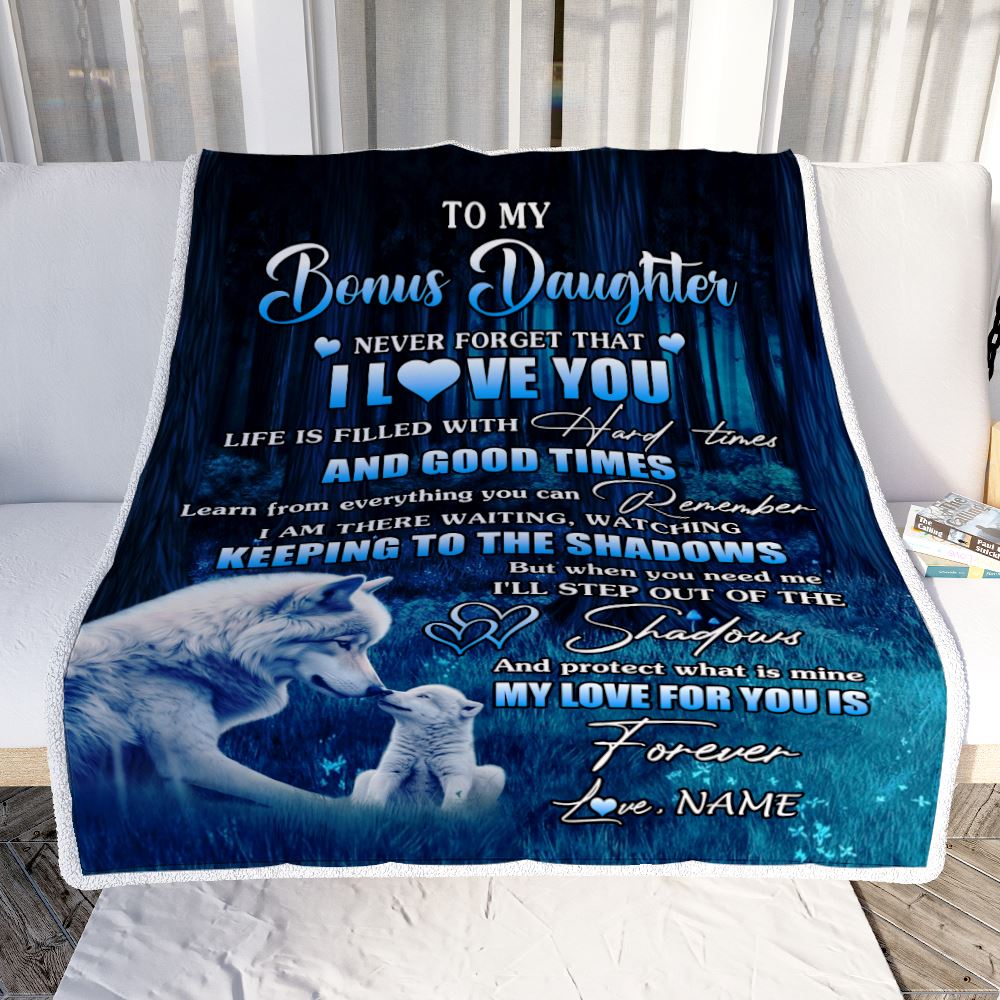 Personalized To My Bonus Daughter Blanket From Stepmom Wolf Never Forget That I Love You Moon Dark Forest Stepdaughter Birthday Gifts Christmas Fleece Blanket | teecentury