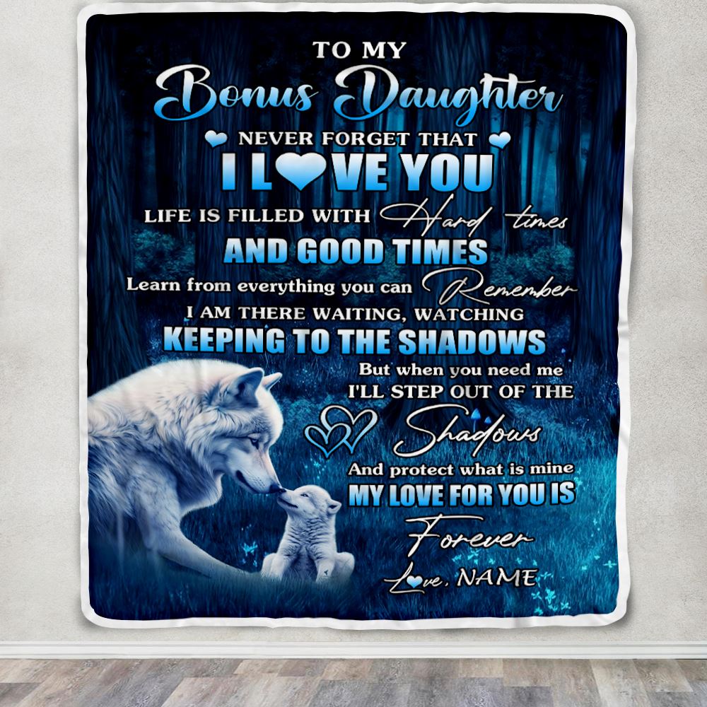 Personalized To My Bonus Daughter Blanket From Stepmom Wolf Never Forget That I Love You Moon Dark Forest Stepdaughter Birthday Gifts Christmas Fleece Blanket | teecentury