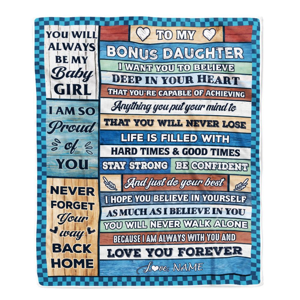 Personalized To My Bonus Daughter Blanket From Stepmom Wood Gifts For Stepdaughter Going To College Birthday Graduation Christmas Customized Fleece Throw Blanket | teecentury
