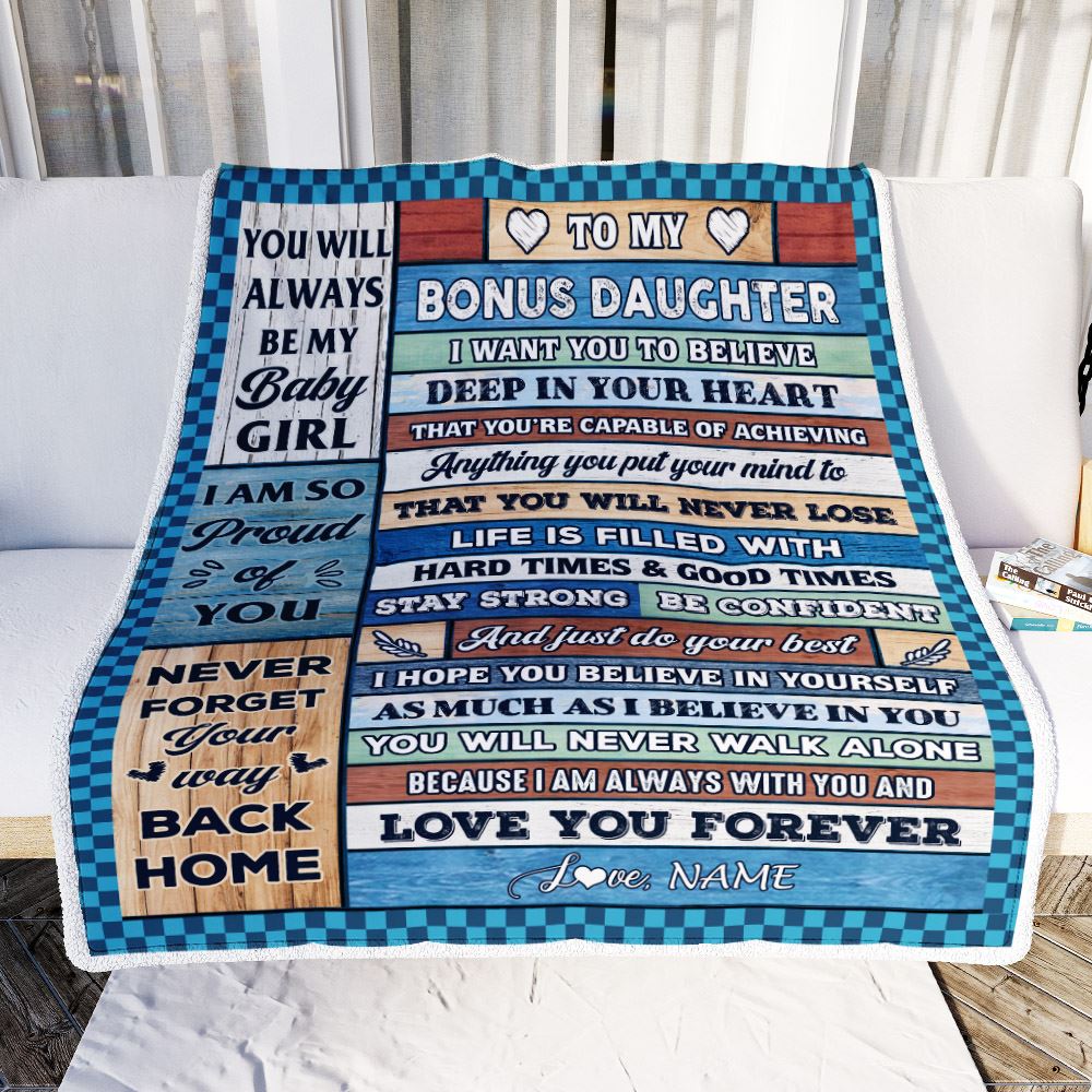 Personalized To My Bonus Daughter Blanket From Stepmom Wood Gifts For Stepdaughter Going To College Birthday Graduation Christmas Customized Fleece Throw Blanket | teecentury