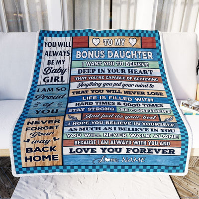 Personalized To My Bonus Daughter Blanket From Stepmom Wood Gifts For Stepdaughter Going To College Birthday Graduation Christmas Customized Fleece Throw Blanket | teecentury