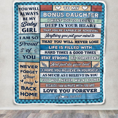 Personalized To My Bonus Daughter Blanket From Stepmom Wood Gifts For Stepdaughter Going To College Birthday Graduation Christmas Customized Fleece Throw Blanket | teecentury
