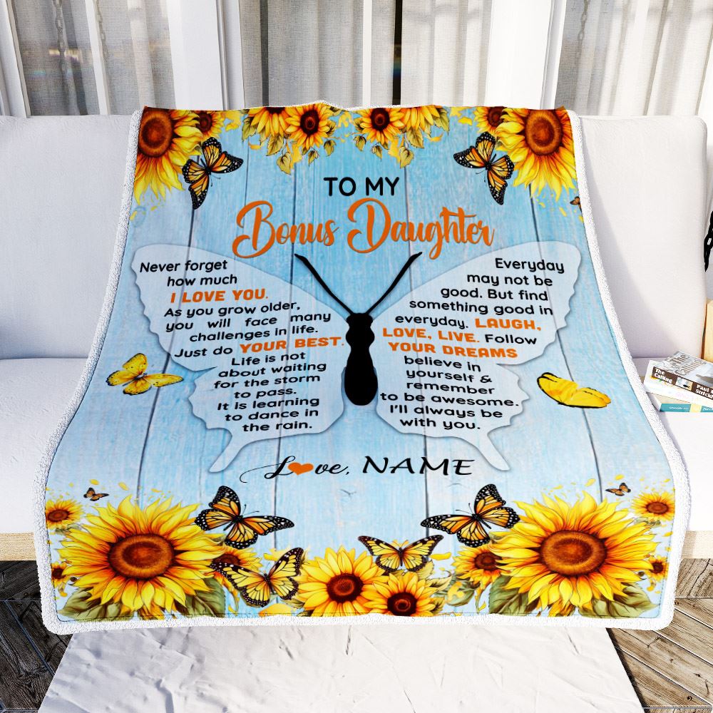 Personalized To My Bonus Daughter Blanket From Stepmom Wood I Love You Butterfly Birthday Gifts Stepdaughter Graduation Christmas Customized Fleece Blanket | teecentury