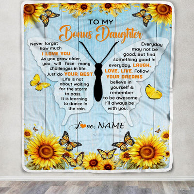 Personalized To My Bonus Daughter Blanket From Stepmom Wood I Love You Butterfly Birthday Gifts Stepdaughter Graduation Christmas Customized Fleece Blanket | teecentury