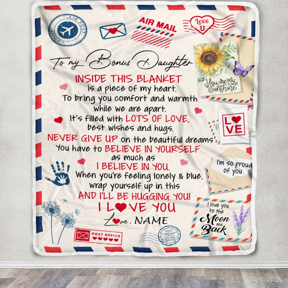 Personalized To My Bonus Daughter Blanket From Stepmom You Are My Sunshine Air Mail Letter Stepdaughter Birthday Christmas Graduation Customized Fleece Blanket | teecentury