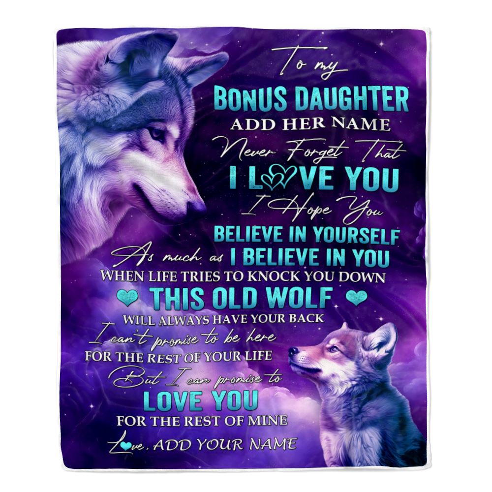 Personalized To My Bonus Daughter Blanket From Stepmother Dad Wolf Never Forget I Love You Stepdaughter Birthday Gifts Christmas Customized Fleece Blanket | teecentury