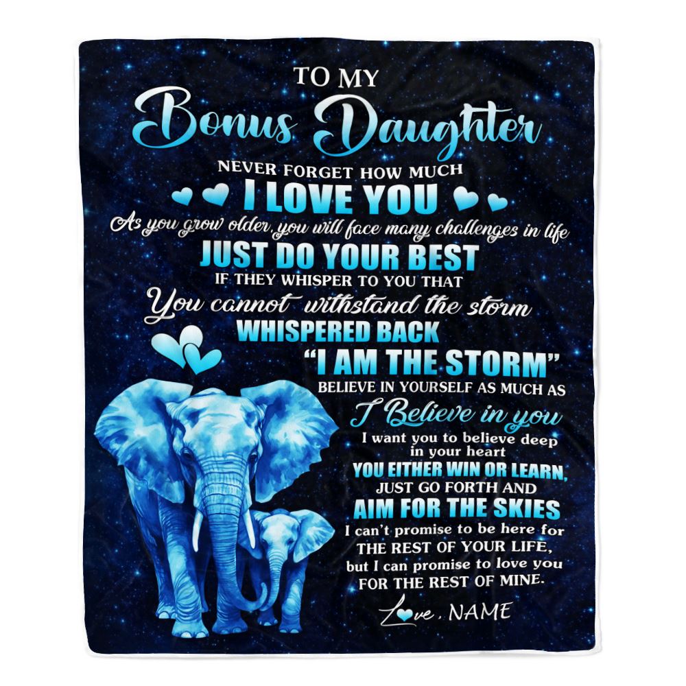 Personalized To My Bonus Daughter Blanket From Stepmother Elephant Never Forget I Love You Stepdaughter Birthday Gifts Christmas Customized Fleece Blanket | teecentury