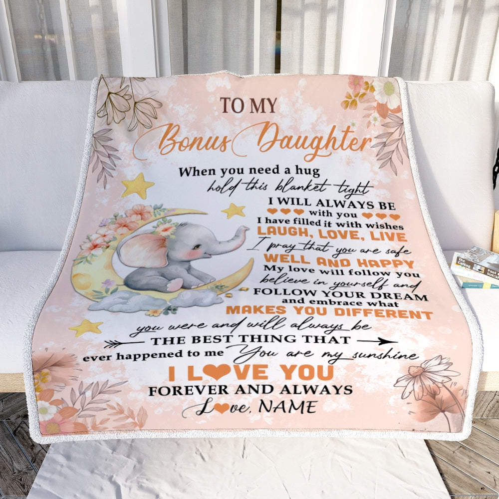 Personalized To My Bonus Daughter Blanket From Stepmother Flower Elephant Moon Stepdaughter Birthday Graduation Christmas Customized Fleece Throw Blanket | teecentury