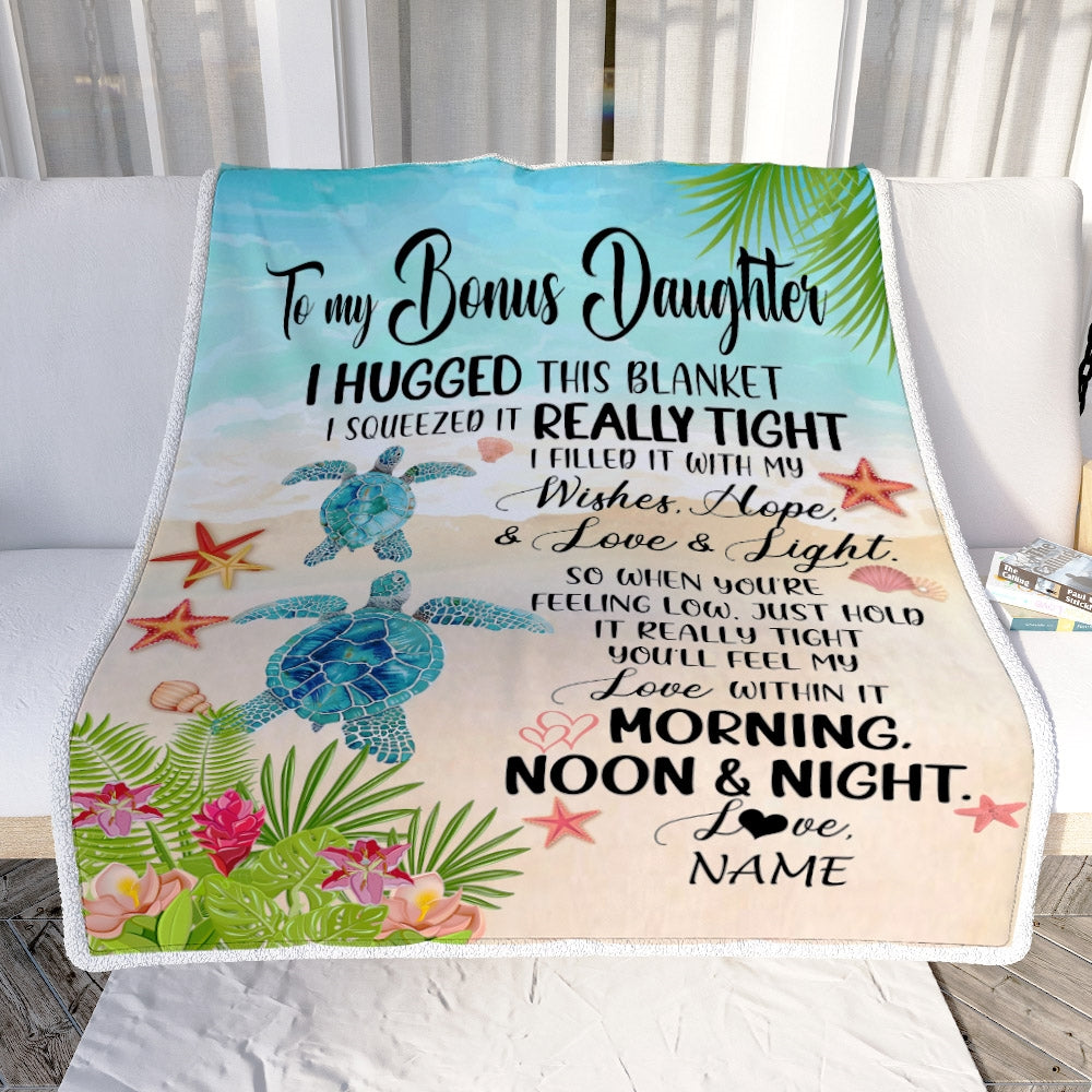 Personalized To My Bonus Daughter Blanket From Stepmother I Hugged This With Love Turtle Beach Stepdaughter Birthday Christmas Customized Bed Fleece Blanket | teecentury