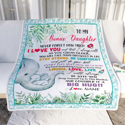 Personalized To My Bonus Daughter Blanket From Stepmother Never Forget I Love You Baby Girl Elephant Stepdaughter Birthday Christmas Customized Fleece Blanket | teecentury