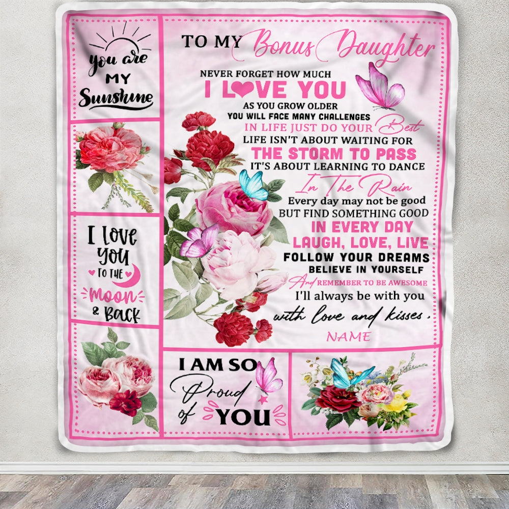 Personalized To My Bonus Daughter Blanket From Stepmother Never Forget I Love You Pink Butterfly Stepdaughter Birthday Christmas Customized Fleece Blanket | teecentury