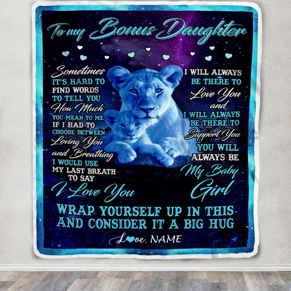 Personalized To My Bonus Daughter Blanket From Stepmother Sometimes It's Hard Lion Stepdaughter Gift Birthday Graduation Christmas Customized Fleece Blanket | teecentury