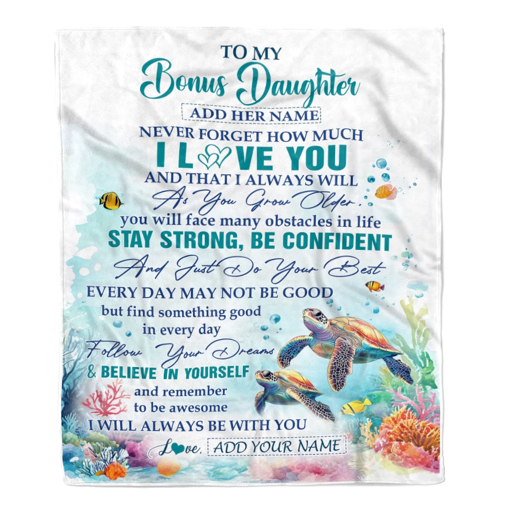 Personalized To My Bonus Daughter Blanket Turtle I Love You Forever From Stepmom Stepdad Stepdaughter Birthday Gifts Christmas Graduation Custom Fleece Blanket | teecentury