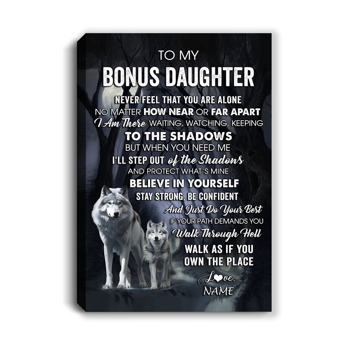 Personalized To My Bonus Daughter Canvas From Step Mom Dad Never Feel That You Are Alone Wolf Stepdaughter Birthday Gifts Christmas Custom Wall Art Print Framed Canvas | teecentury