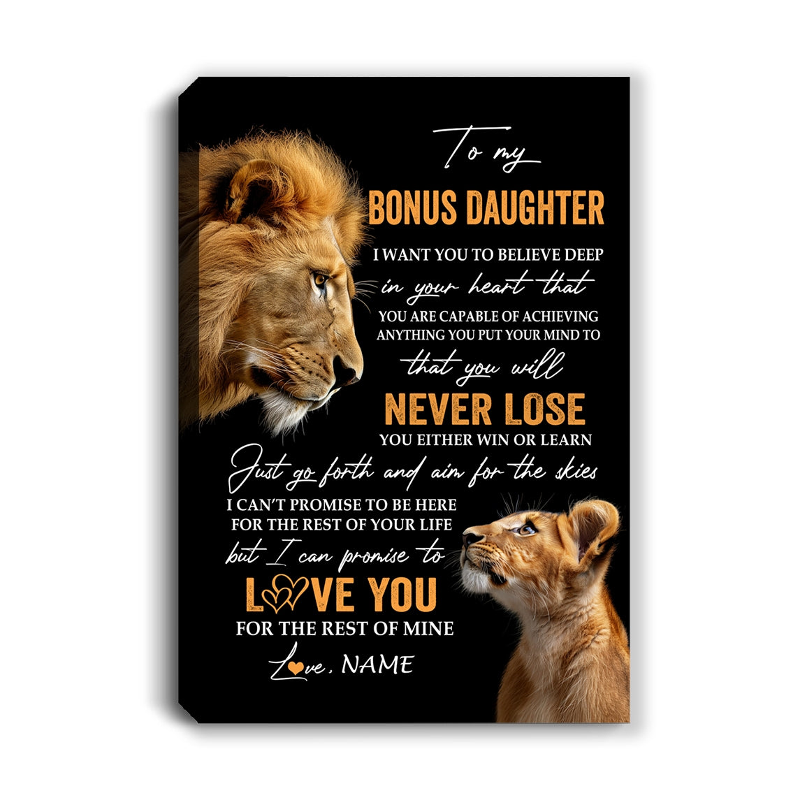 Personalized To My Bonus Daughter Canvas From Stepdad Dad You Will Never Lose Lion Stepdaughter Birthday Gifts Christmas Custom Wall Art Print Framed Canvas | teecentury