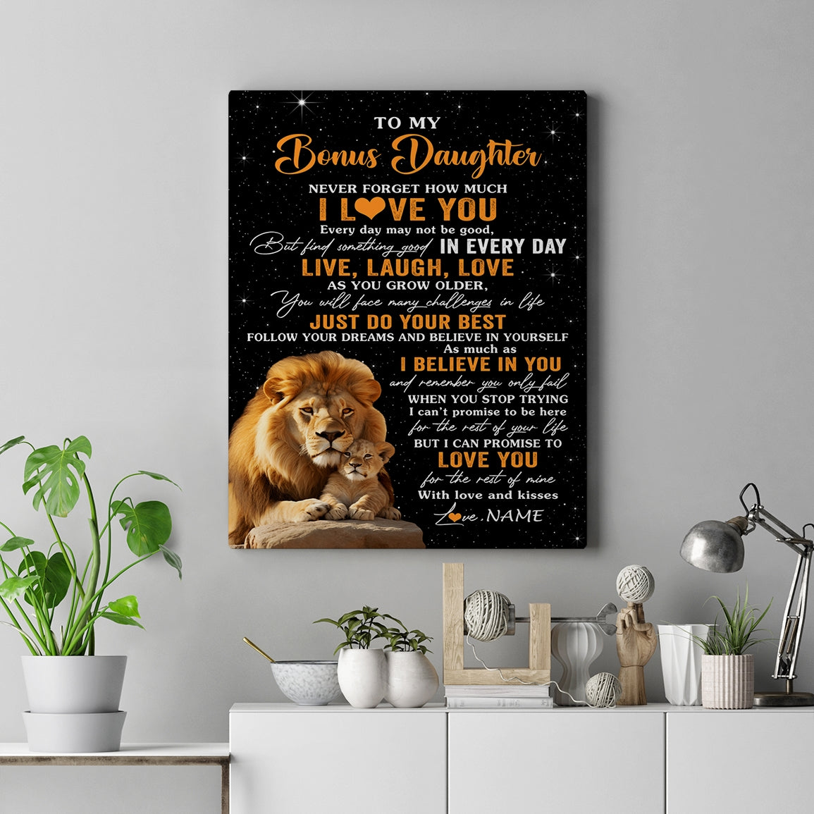 Personalized To My Bonus Daughter Canvas From Stepdad Live Laugh Love Lion Stepdaughter Birthday Gifts Positive Graduation Christmas Custom Wall Art Print Framed Canvas | teecentury