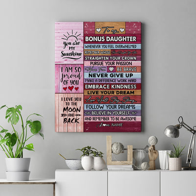 Personalized To My Bonus Daughter Canvas From Stepmom Believe In Yourself Awesome Pink Wood Stepdaughter Birthday Graduation Christmas Custom Wall Art Print Framed Canvas | teecentury