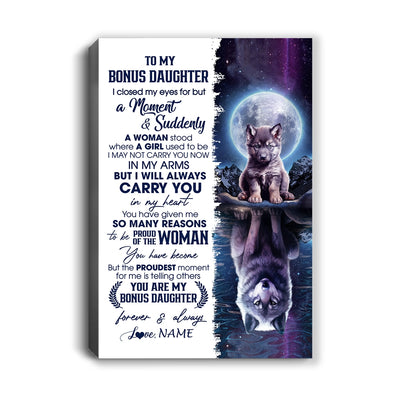 Personalized To My Bonus Daughter Canvas From Stepmom Dad I Close My Eyes Wolf Stepdaughter Birthday Gifts Graduation Christmas Custom Wall Art Print Framed Canvas | teecentury